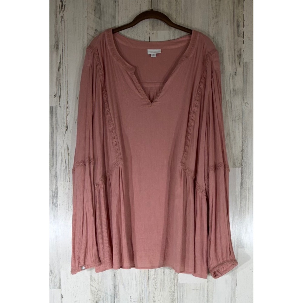 J‎ Jill Peasant Blouse 4X Dusty Pink Lace Inset Gauze Split Neck Boho Bohemian